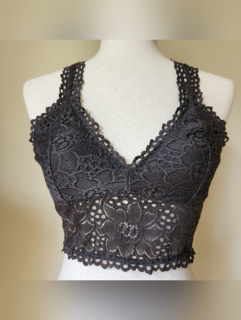 Zenana Gray Lace Bralette Crop Top L Boho Festival Fairycore Coquette Cottage